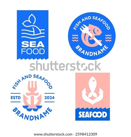 Collection of seafood inspired logo badges for a restaurant, fish packaging, or sea food company. Clean and simple fish icons and symbols. Fish business graphic mark ideas.