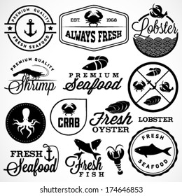 Collection of Seafood Restaurant Labels, Badges and Icons in Vintage Style