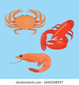 Colheita de frutos do mar. Menu de jantar de verão na praia. Conjunto de camarão marinho, lagosta e caranguejo. Animais de aquário de vida selvagem.