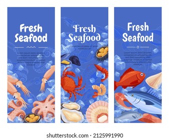 Collection seafood vertical poster with place for text vector flat illustration. Set fresh sea food restaurant or market banner isolated. Fresh eatery meal crab, octopus, shrimp, squid, fish, oyster