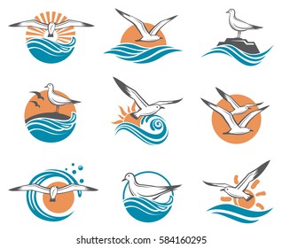 Collection of seagull icons with sea waves. Vector illustration