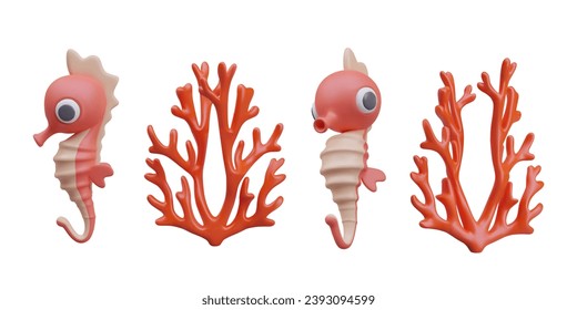 Colección con caballito de mar y coral rojo en diferentes posiciones. Animales realistas y plantas para juegos de computadora. Ilustración vectorial en estilo 3d con fondo blanco