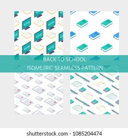 Collection of seamlees pattern with Isometric 3d school supplies screen, calculator, book, notebook, pen, backpack, scissors, eraser and ruler. Vector Back to school background. Office accessories.