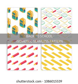 Collection of seamlees pattern with Isometric 3d school supplies screen, calculator, book, notebook, pen, backpack, scissors, eraser and ruler. Vector Back to school background with stationery.
