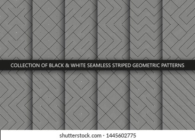 Collection of seamless abstract geometric patterns - black and white striped texture. Endless fabric backgrounds. Creative monochrome vector design.