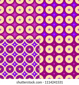 Collection of seamless abstract patterns, beige sprocket in a circle, on a blue and purple background, design for packages, vector