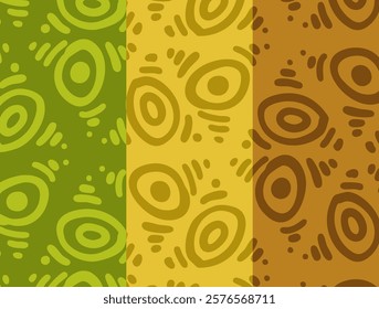 A collection of seamless abstract patterns in earthy green, yellow, and brown tones with organic oval shapes and decorative details. Perfect for textiles and modern designs.