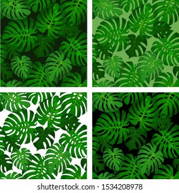 Collection of seamless abstract patterns featuring Monstera leaves for print on textiles, fabric, wallpapers, gift wrapping, clothing and accessories