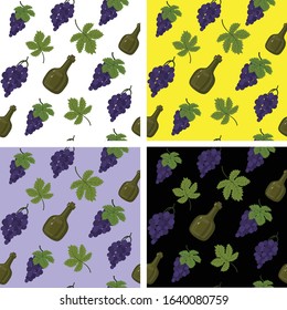 Collection of seamless abstract patterns featuring wine products, bottles, grapes, grape leaves for print on textiles, fabric, wallpapers, gift wrapping, clothing and accessories
