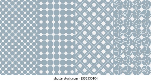 Collection of seamless abstract vector patterns. Lines and squares. –White, isolated from neutral bluish gray background.  