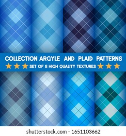 Collection of seamless argyle and plaid patterns in blue background.