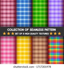 Collection of seamless argyle and plaid patterns in many colors background.