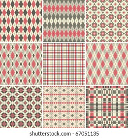 Collection of seamless argyle and plaid patterns in pastel colors