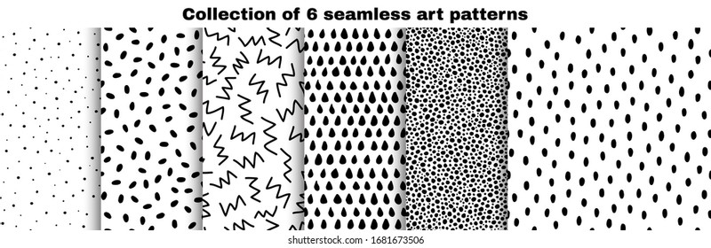Collection of seamless art patterns. hand-drawn dots, circles, zigzags, ovals, droplets isolated on white background. Art Texture for print, wallpaper, home decor, textile, package design. 
