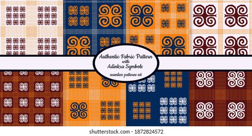 Collection of seamless authentic fabric patterns with african adinkra symbols designed for web, fabric, paper and all prints 