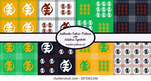 Collection of seamless authentic fabric patterns with african adinkra symbols designed for web, fabric, paper and all prints 