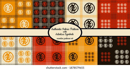 Collection of seamless authentic fabric patterns with african adinkra symbols designed for web, fabric, paper and all prints 