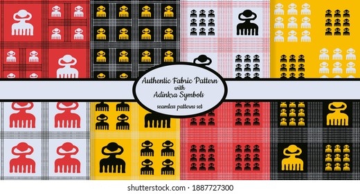 Collection of seamless authentic fabric patterns with african adinkra symbols designed for web, fabric, paper and all prints 