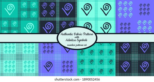 Sammlung nahtloser authentischer Stoffmuster mit afrikanischen Adinkra-Symbolen für Web, Gewebe, Papier und alle Drucke 