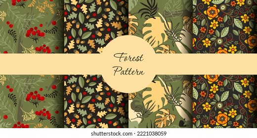 Collection of seamless autumn forest patterns. Leaves, berries, blades and flowers for printing on fabric, paper and tiles. Original atmospheric prints to create designs.