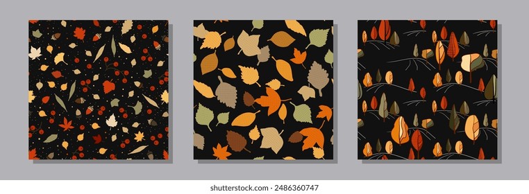 Collection of seamless autumn patterns. Autumn leaves, trees, berries, acorns. Square black backgrounds. Harvesting. Thanksgiving Day. Vector illustrations for printing on cards for design, stories.