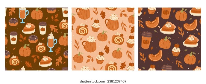 Colección de patrones de otoño sin soldadura con bebidas de calabaza y comida. Gráficos vectoriales.