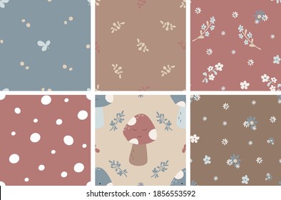 Collection of seamless baby simple patterns with forest autumn kid characters mushrooms and decorative flowers, twigs on burgundy, blue, brown, cream background and polka dot background.