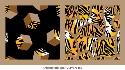 Collection seamless backgrounds with elements of optical illusions in African style. 3d cubes and mosaic spots with tiger skin texture. Popular modern design for home decor, cover, fabric. Vector.