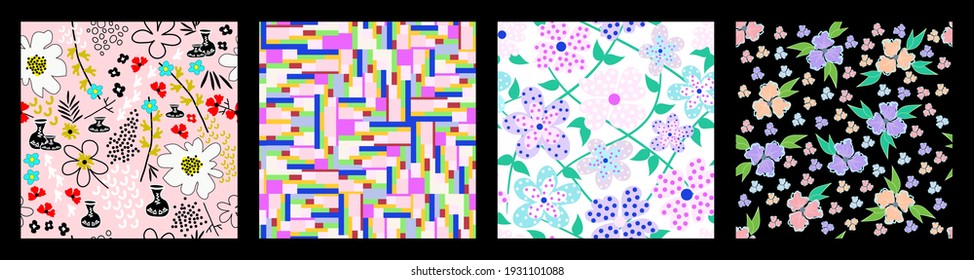 Collection of seamless backgrounds with floral motives. Elegant contemporary patterns with colorful florets. Pastel colors. For cover, textile, wallpaper, wrapping. Vector.