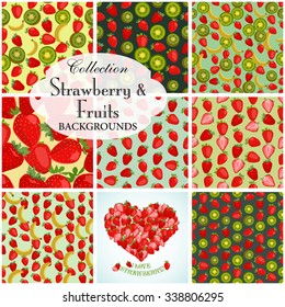 Collection of seamless backgrounds and heart on the topic of strawberry with fruits