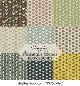 Collection of seamless backgrounds on the topic of animal's heads