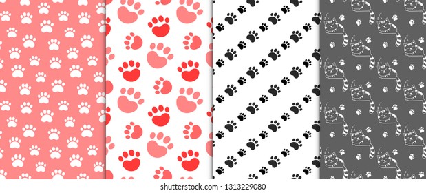 A collection of seamless backgrounds with patterns of cat feet and cats. Patterns with paws seals.