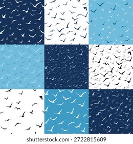 Uma coleção de padrões de pássaros sem costura. Um bando de pássaros voadores da silhueta. Definido. Gaivotas brancas sobre um fundo azul.
