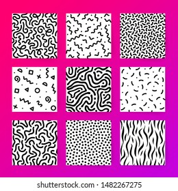 Collection of seamless black and white geometric patterns. Fashion 80-90s. Hipster Memphis style.