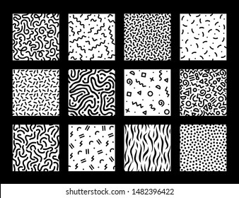 Collection of seamless black and white geometric patterns. Fashion 80-90s. Hipster Memphis style.