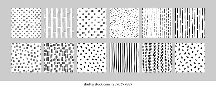 A collection of seamless black and white small dash patterns. Perfect for modern, minimalist designs, including backgrounds, packaging, branding, textiles, or stationery projects. Vector illustration.