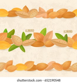 collection of seamless borders with almonds on vintage background