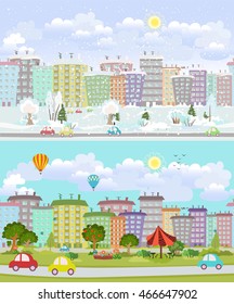 collection of seamless borders with cityscape in different season for your design