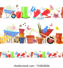 collection of seamless borders with colorful gardening tools for your design