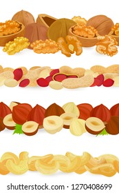 collection seamless borders with different nuts. walnuts, peanuts, cashews and hazelnuts for your design