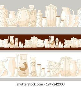 collection of seamless borders with white ceramic crockery for your design