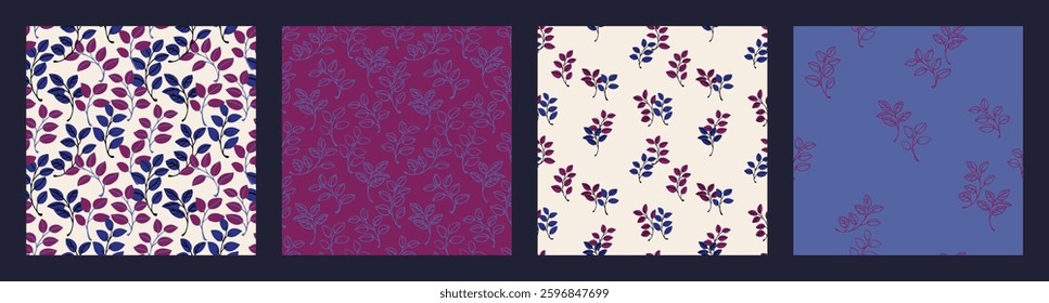 A collection of seamless botanical patterns with delicate leaves in elegant purple and navy tones. Ideal for fabric design, wrapping paper, wallpapers, and stylish autumn-inspired projects.
