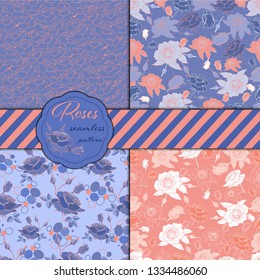 Collection of seamless bright patterns with stylized roses flowers and abstract floral texture. Endless texture for your design, announcements, greeting cards, posters, advertisement, textil design.