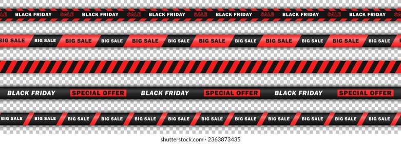 Collection of seamless bright red realistic ribbons with text - big sale, Black Friday. Endless barricade tapes, discount stripes for online shopping isolated on transparent background