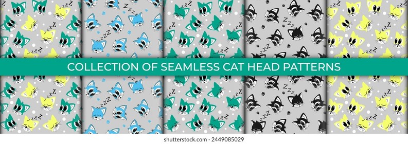 Collection of seamless cat head patterns. Sleeping cats. Vector illustration