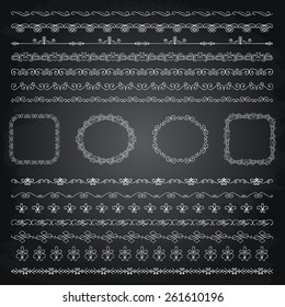 Collection of Seamless Chalk Drawing Doodle Vintage Borders and Frames. Chalkboard Texture. Vector Illustration.