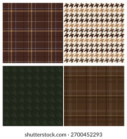 Collection of seamless checkered  houndstooth pattern. Warm autumn and winter colors. Quiet Luxury, Old Money, Vintage textures. Editable vector illustration
