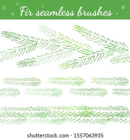 Collection of seamless christmas brushes from fir and pine branches. Vector set. Can be used for printed materials, prints, posters, cards, logo. Abstract background. Hand drawn decorative elements. 