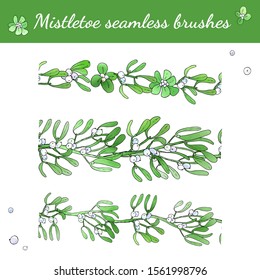 Collection of seamless christmas brushes from mistletoe branches. Vector set. Can be used for printed materials, prints, posters, cards, logo. Abstract background. Hand drawn decorative elements. 