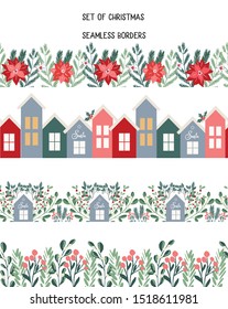 Collection of seamless christmas decorative borders for winter holidays decoration, floral repeated frame for cards, stationery, invitations, banners ,design in modern handdrawn scandinavian style